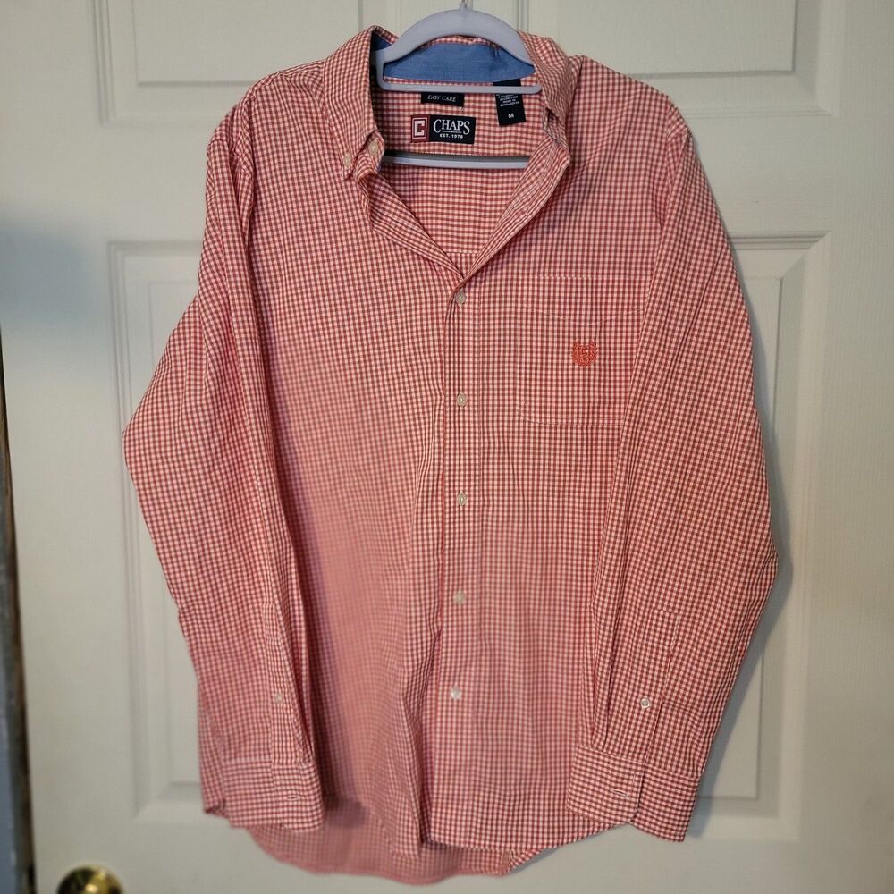 Chaps Easy Care Men’s M Orange/White Check Long Sleeve Point Collar Button-Up